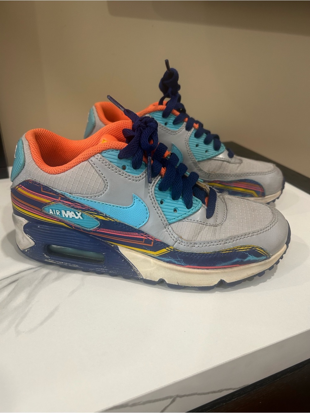 Nike Air Max 90 Youth 4Y Gray Aqua Orange Multicolor Sneakers